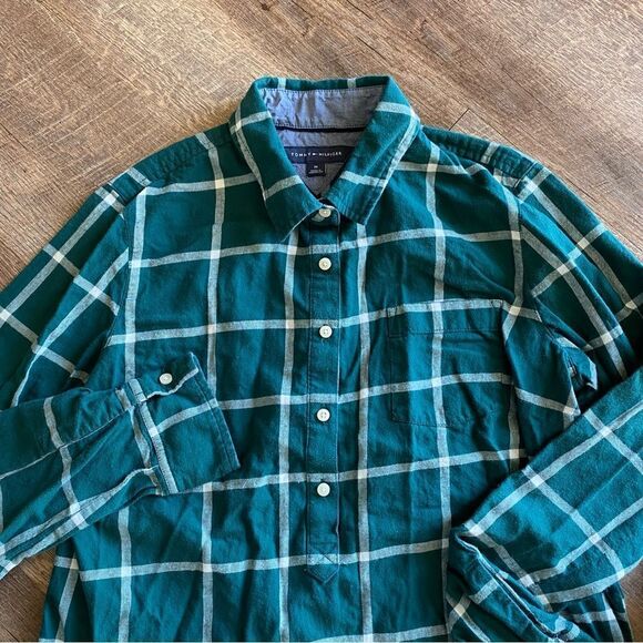 Tommy Hilfiger Shirt Plaid Popover Half Button Down Top Green - Picture 4 of 13